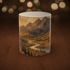 May include: A white ceramic mug featuring a detailed wrap-around illustration of a mountain range with jagged peaks, a winding river flowing through a valley, and dense forests with golden autumn foliage under a soft, warm-toned sky.
