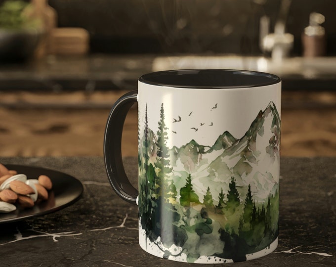 Watercolor Mountain Mug Evergreen Nature Lover Outdoors Mountain Range Mug Boho Hiking Campfire Backpacking Mug 11 oz Adventure Mug