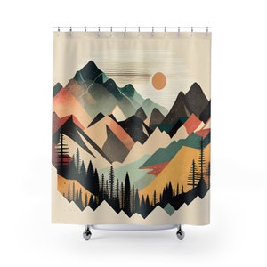 Mountain Shower Curtain Abstract Art Sunset Outdoor Shower Curtain Bathroom Decor Golden Mountain Shower Curtain