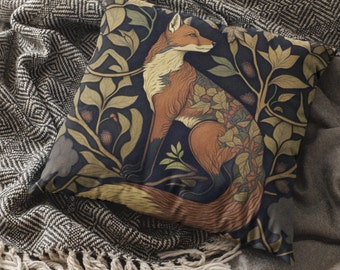William Morris Inspired Fox Pillow Accent Living Room Pillow Foxes Forest Fox Floral Botanical Design Cottagecore Pillow