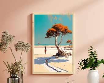 Mediterranean Coastal Art | Beach Art | Oil Painting Print | Seascape Art | Tribal Artwork | PRINTABLE Digital Download