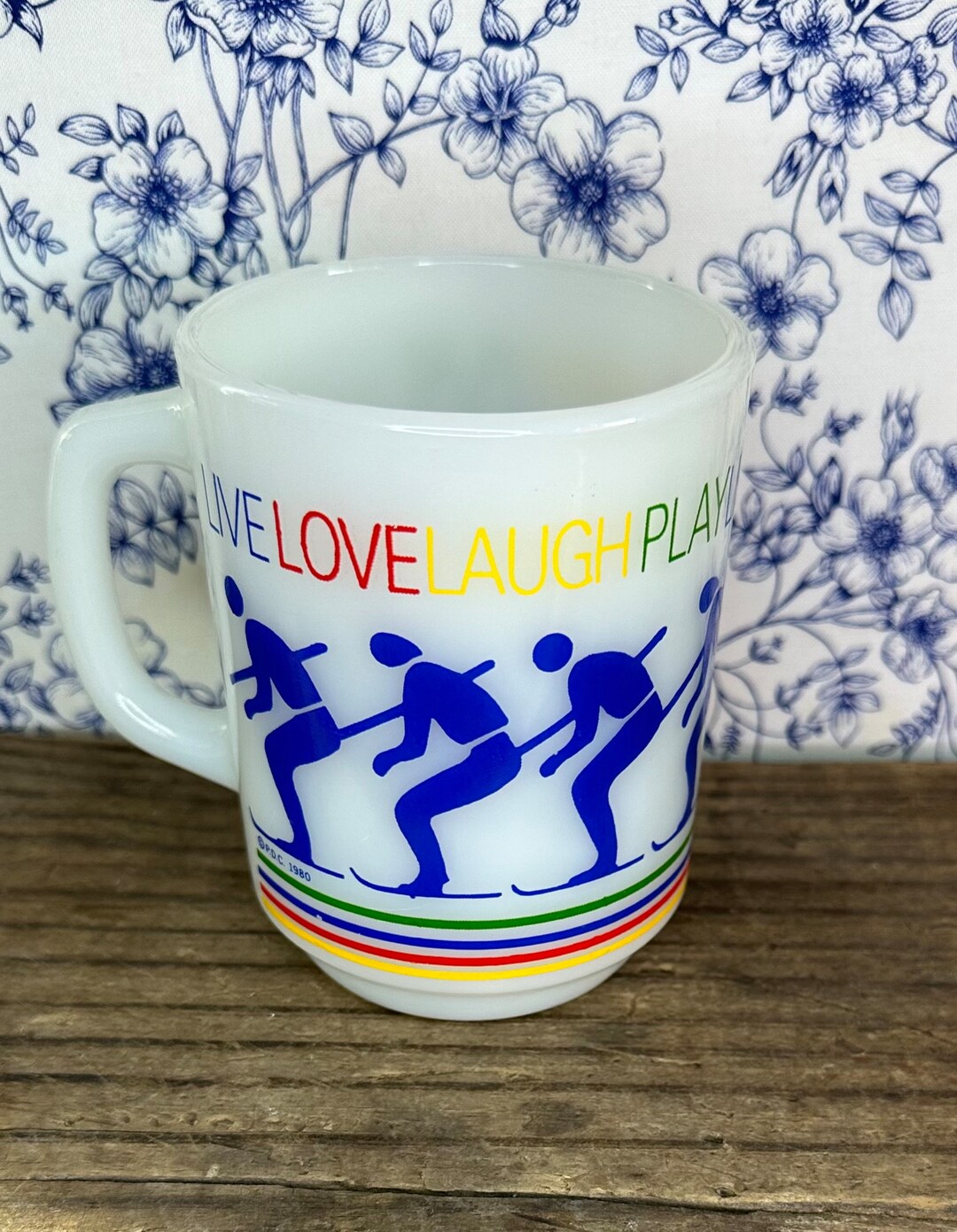 1980 Anchor Hocking Fireking Rainbow Runner Live Love Laugh Play Milk