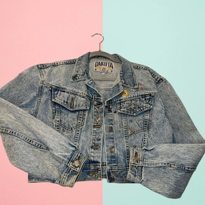 Vintage Dakota Blaue Jeansjacke Damen L - Kurze, verzierte Retro-Jeansjacke
