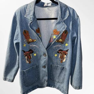 Vintage 90er Jahre The Blue Denim Rodeo Cowgirl Western Jeans Blazer Jacke Size Large