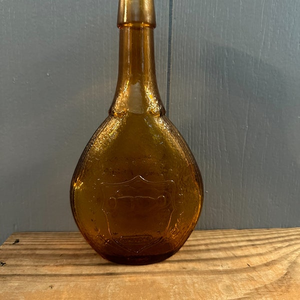 Vintage Wheaton Union Shield & Dove Bottle, Amber Colored, Pressed Glass Bottle