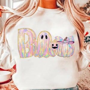 Iridescent Ghost Boo Pumpkin PNG, Coquette Halloween Design, Iridescent Ghost Pumpkin Png, Halloween PNG, Girly Halloween Png,Cute Ghost Png
