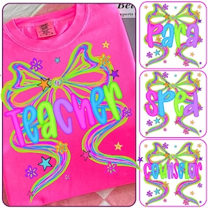 Neon School Occupation Coquette Bow PNG Bundle, Back to School Teacher Sped Para Counselor, Preppy First Day of School Checkered Girly Png