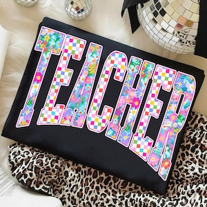 Retro Neon Floral Checkered Teacher PNG, Teacher Neon Distressed Png, Teacher Varsity, Teacher Stethoscope, Teacher Life, Hand Drawn image 3