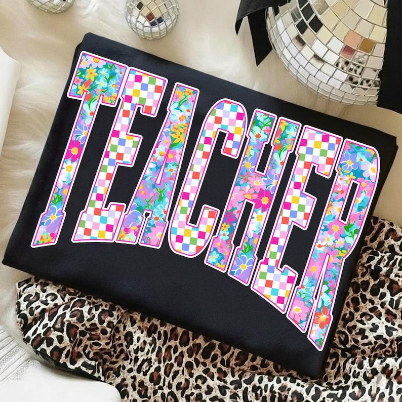Retro Neon Floral Checkered Teacher PNG, Teacher Neon Distressed Png, Teacher Varsity, Teacher Stethoscope, Teacher Life, Hand Drawn image 3