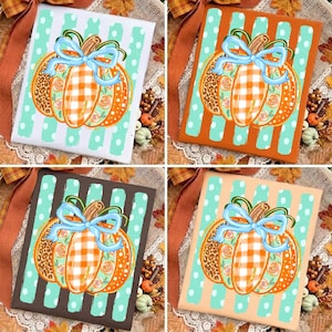 May include: A set of four rectangular signs featuring a central pumpkin illustration with a light blue bow. The pumpkins have orange, white, and floral patterns. The backgrounds consist of vertical stripes in white, orange, brown, and beige.