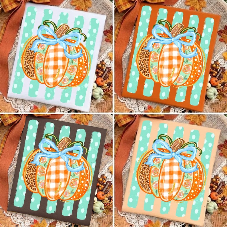 May include: A set of four rectangular signs featuring a central pumpkin illustration with a light blue bow. The pumpkins have orange, white, and floral patterns. The backgrounds consist of vertical stripes in white, orange, brown, and beige.