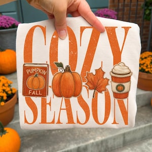 May include: A white sweatshirt featuring the orange text COZY SEASON and four embroidered icons: a book labeled PUMPKIN FALL, an orange pumpkin, an orange maple leaf, and a coffee cup with a pumpkin graphic and whipped cream topping.