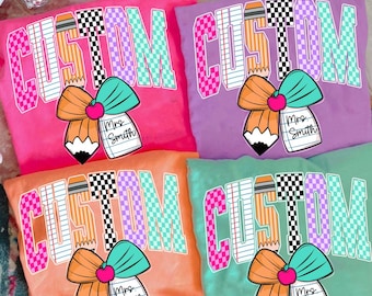 Custom Retro School Occupation PNG Bundle, Back to School Teacher Name Sped Para Counselor Bow, Preppy First Day of School Checkered Girly