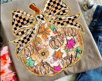 Preppy Pumpkin Floral Leopard Coquette Bow Png, Retro Fall Pumpkin Png, Pumpkin Spice Png, Fall Pumpkin Png, Girly, Hand Drawn, Checkered