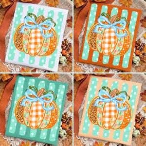 May include: Four square decorative signs featuring a central pumpkin illustration with a light blue bow. Each pumpkin displays a mix of orange gingham, leopard print, and floral patterns. The backgrounds consist of vertical stripes in white, orange, teal, and beige.