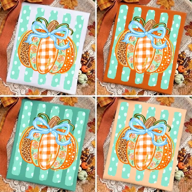 May include: Four square decorative signs featuring a central pumpkin illustration with a light blue bow. Each pumpkin displays a mix of orange gingham, leopard print, and floral patterns. The backgrounds consist of vertical stripes in white, orange, teal, and beige.