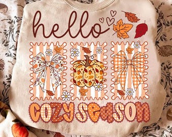 May include: Beige crewneck sweatshirt with the words "hello COZY SEASON" in brown and orange. The design includes a pumpkin, bows, leaves, and flowers in orange and white. The sweatshirt has a round neckline.