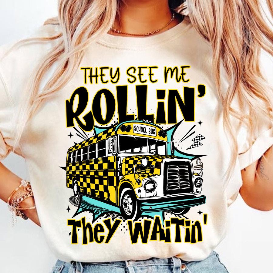 They see me rollin' they waitin' PNG, School Bus Driver, PNG File, Back to School Png, Sublimation Designs, School Bus Checkered Png