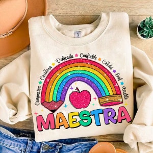 Spanish Teacher Rainbow Pencil Png, Teach Love Inspire Png, Teacher Appreciation Png, Faux Sequins Teacher Sparkly Png, Maestra shirt