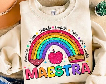 Spaanse leraar regenboogpotlood png, Teach Love Inspire png, leraar waardering png, leraar faux pailletten sprankelend png, Maestra-shirt