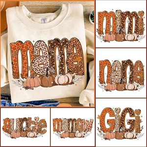 Può includere: Un set di sei grafiche a tema autunnale con le parole "mama", "mimi", "nana", "auntie", "mamaw" e "gigi" in stampa leopardata con accenti arancioni e marroni. Ogni design include un piccolo cuore e tre zucche.