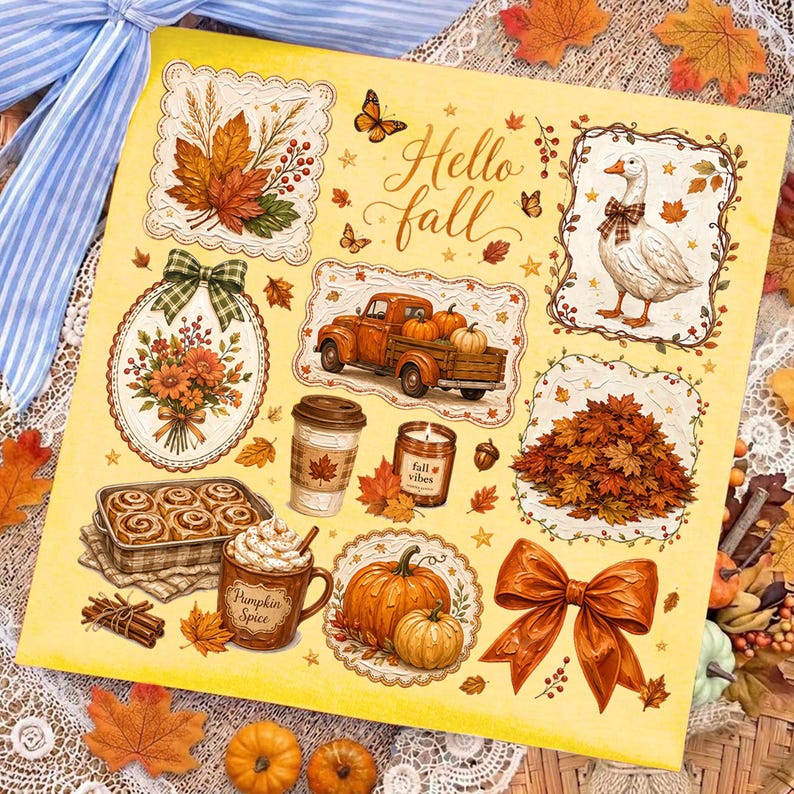 K&ouml;nnte beinhalten: Ein gelbes quadratisches Schild mit herbstlichen Illustrationen, darunter eine Gans mit karierter Schleife, ein orangefarbener Pickup, ein Kaffeebecher, eine Kerze, ein Laubhaufen, K&uuml;rbisse, Zimtstangen und eine gro&szlig;e orangefarbene Schleife mit dem Text Hello fall.