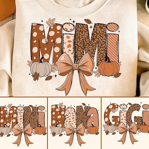 Puede incluir: Un conjunto de tres diseños gráficos de temática otoñal con las palabras "Mimi", "Mini", "Nana" y "Gigi" en un esquema de color marrón y naranja. Cada diseño incluye una calabaza y un lazo.