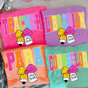 Custom Teacher Back to School PNG Neon Disstressed Bundle, Custom Coquette Bow Para/Librarian/ Counselor Png, Girly Pink Bow,Colorful