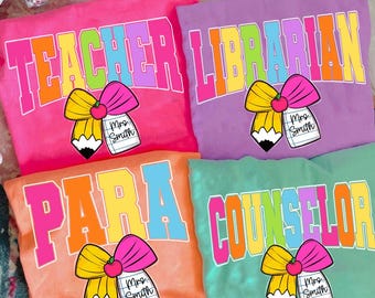 Aangepaste leraar terug naar school png neon noodbundel, aangepaste coquette boog para/bibliothecaris/adviseur png, girly roze strik, kleurrijk