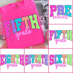 Preppy Neon Back to School PNG Bundle, Teacher Coquette First Day of School Shirt Design, Teacher Pencil Sublimation, 5th/6th/7th/8th Grade