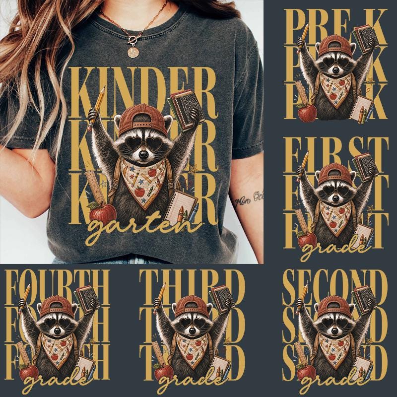 Retro Back To School Raccoon Png Bundle, Funny Raccoon Png, Pre-K To Fourth Grade Design, Raccoon Pencil Books Sublimation, School Boy Png