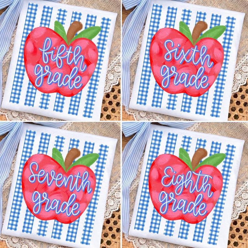 May include: Four white fabric squares featuring a blue gingham pattern and a red apple graphic. Each apple displays blue cursive text reading fifth grade, sixth grade, seventh grade, or eighth grade, with a green leaf and brown stem.