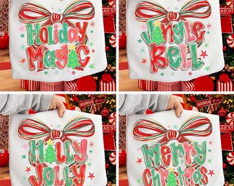 Coquette Christmas Tree Bundle PNG, Preppy Holiday Design, Christmas Bow Png, Merry Xmas PNG, Holly Jolly PNG, Festive Brushstroke Design