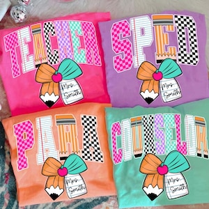 Custom Retro School Occupation PNG Bundle, Back to School Teacher Sped Para Counselor Bow, Preppy First Day of School Checkered Girly Png