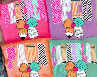 Custom Retro School Occupation PNG Bundle, Back to School Teacher Sped Para Counselor Bow, Preppy First Day of School Checkered Girly Png
