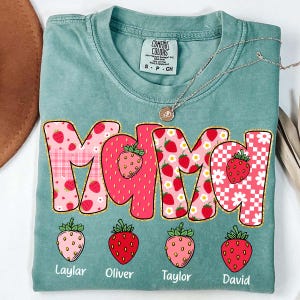Preppy Mama Strawberry Glitter Png, Cute Strawberry Floral Mama with Kids Name Png, Everyday Png, Custom Preppy Mama, Checkered Sublimation