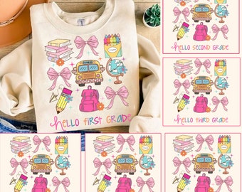 Back to School Coquette PNG Bundle , School bus Png, Books png, Globe png, Flowers png, Custom Girl school png, Hello 1st 2nd 3rd Grade