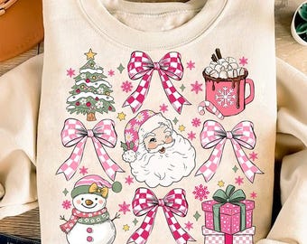 Coquette Christmas png, Pink Christmas Png, Retro Holidays png, Hot Cocoa, Candy Cane, Santa Coquette Bow Checkered, Girly Christmas Png