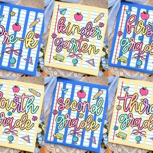May include: Colorful school-themed notebook covers with grade level titles. Each cover features a different grade level, such as "Pre-K", "Kindergarten", "First Grade", "Fourth Grade", "Second Grade", and "Third Grade". The covers have a lined paper design.
