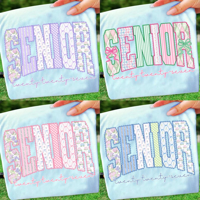 May include: Four light blue t-shirts with the word "SENIOR" in different color schemes. The text "twenty twenty-seven" is embroidered below the word "SENIOR". The designs include floral, striped, and patterned elements.