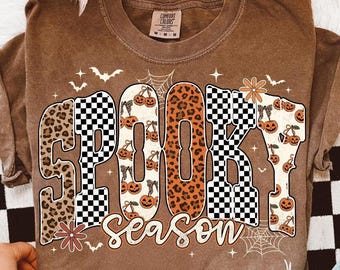 Retro Spooky Season PNG, Leopard Checkered Fall Sublimation Design, Autumn Floral Coquette Bow PNG, Trendy Thanksgiving Shirt Download