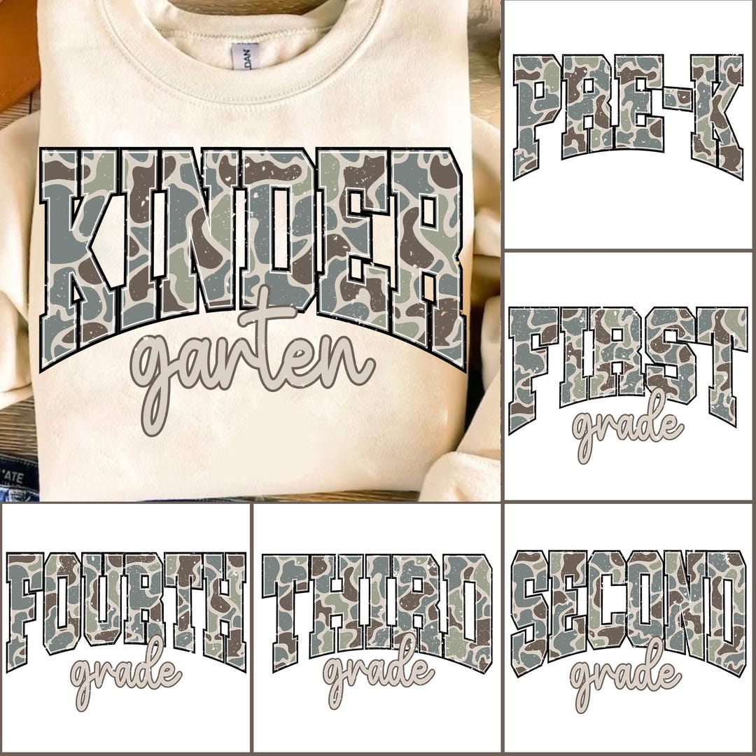 Retro Back to School Boys Old Camo PNG Bundle, Kindergarten Design, First Day PNG, Pre-K t