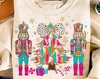 Bunter Weihnachtsbaum-Nussknacker Coquette Glitter Png, Girly Weihnachten Png, helle Farbe Weihnachten Coquette Bow Dalmatiner, Pinselstrich