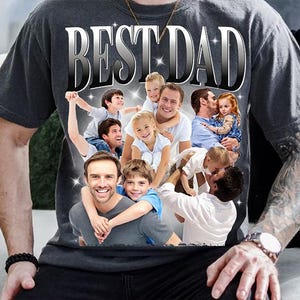 May include: Dark gray t-shirt with the text "BEST DAD" in a silver gradient font. The shirt features a collage of photos of fathers and children. The overall theme is Father's Day.
