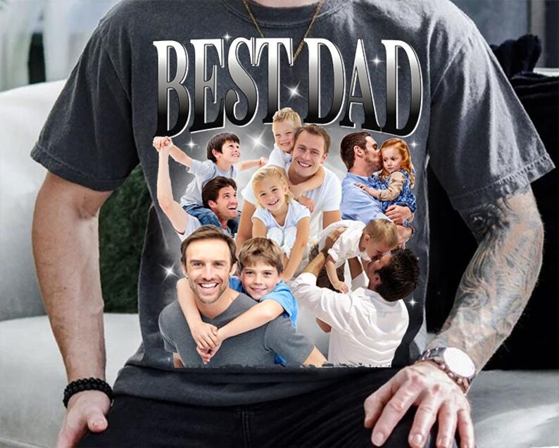 May include: Dark gray t-shirt with the text "BEST DAD" in a silver gradient font. The shirt features a collage of photos of fathers and children. The overall theme is Father's Day.