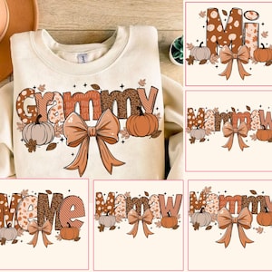 May include: A set of six fall-themed designs featuring the words "Grammy", "Memaw", "Mimi", "Mawmaw", "Mommy", and "Meme" in a patchwork style with a brown bow and a pumpkin.