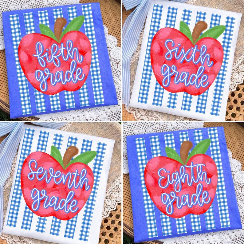 May include: A collection of four shirts featuring a red apple graphic with a brown stem and green leaves. Each shirt displays blue cursive text reading fifth grade, sixth grade, seventh grade, or eighth grade over a blue and white gingham pattern.