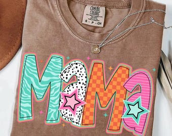 Colorful Mama Sublimation png, Checkered, Zebra Print, Dalmatian Dots, Custom Mama with Kid Names, Mothers Day, Preppy Mama Png, Retro Mama