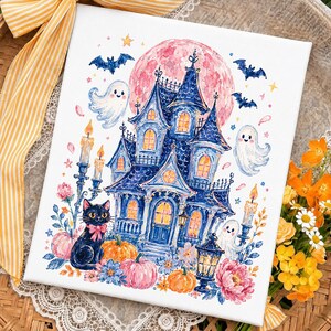 PNG de casa embrujada de moda, sublimación de fantasma de Halloween de moda, diseño de camiseta de temporada espeluznante para chicas, PNG de calabaza floral de otoño de moda, dibujado a mano imagen 5