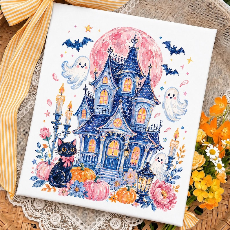 PNG de casa embrujada de moda, sublimación de fantasma de Halloween de moda, diseño de camiseta de temporada espeluznante para chicas, PNG de calabaza floral de otoño de moda, dibujado a mano imagen 5